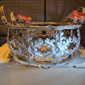 Set of Two Silver Metallic Snowflake Holiday Baskets with Sparkly Glitter